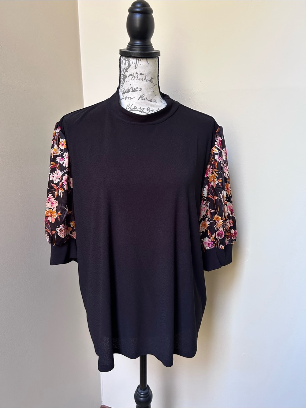 CeCe Black Top with Floral Puff Sleeves